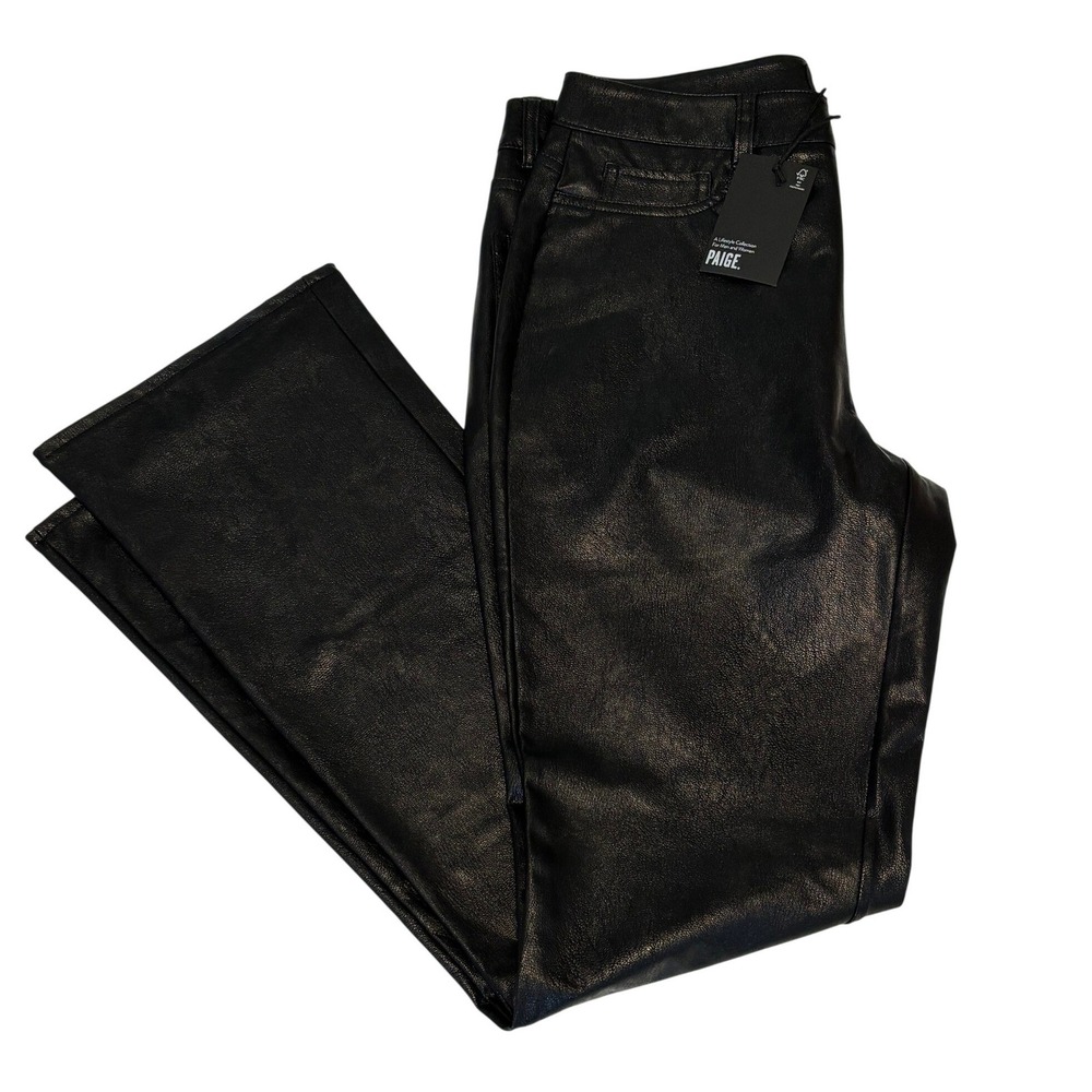 NEW Paige High Rise Faux Leather Manhattan Boot Cut Pants 29 Black Sleek Rocker - Picture 5 of 12